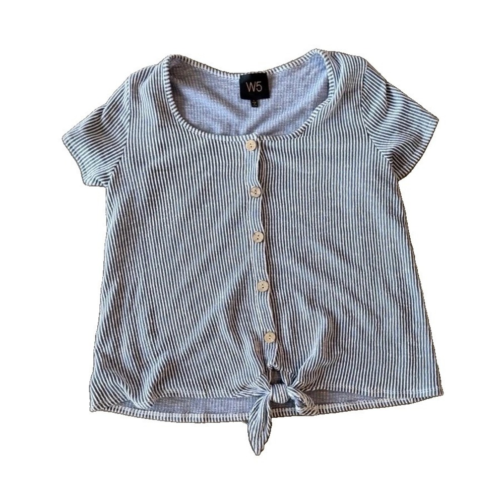 W5 Women's Large Blue White Striped Button Front Tie Waist Top Made USA